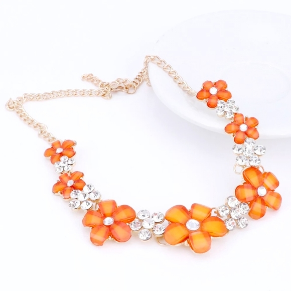 18K gold plated Orange crystal flower necklace earrings set - Picture 11 of 13